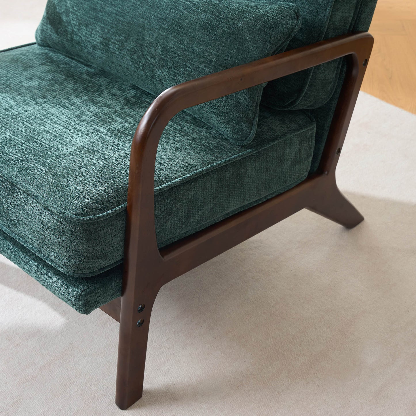 Mid-Century Modern Lounge Chair Single, Upholstered Living Room Chair with Curved Wood Armrests and Lumbar Cushion,Accent Chair for Living Room, Bedroom, Indoor, Dark Green image 8