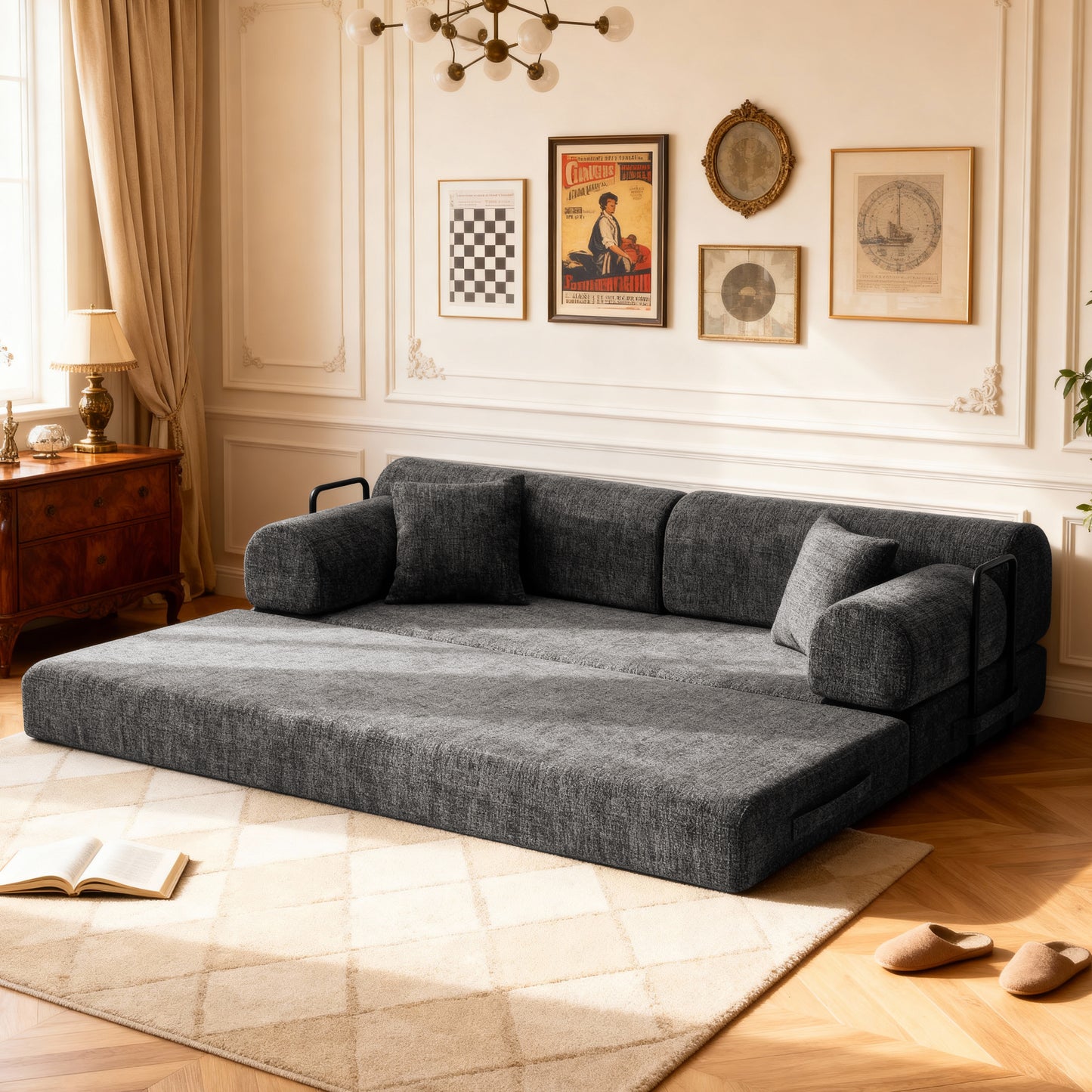Convertible Sleeper Sofa Bed,two-tone blended fabric Folding Mattress Couch with Fixed-Shape Frame, Floor Sofa Lounge Couch for Living Room Bedroom(Speckled Black) image 3