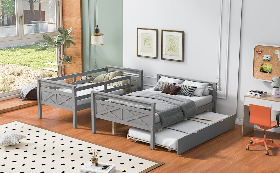 Twin over Full Bunk Bed with Ladder, Twin Size Trundle, Safety Guardrail, Gray image 6