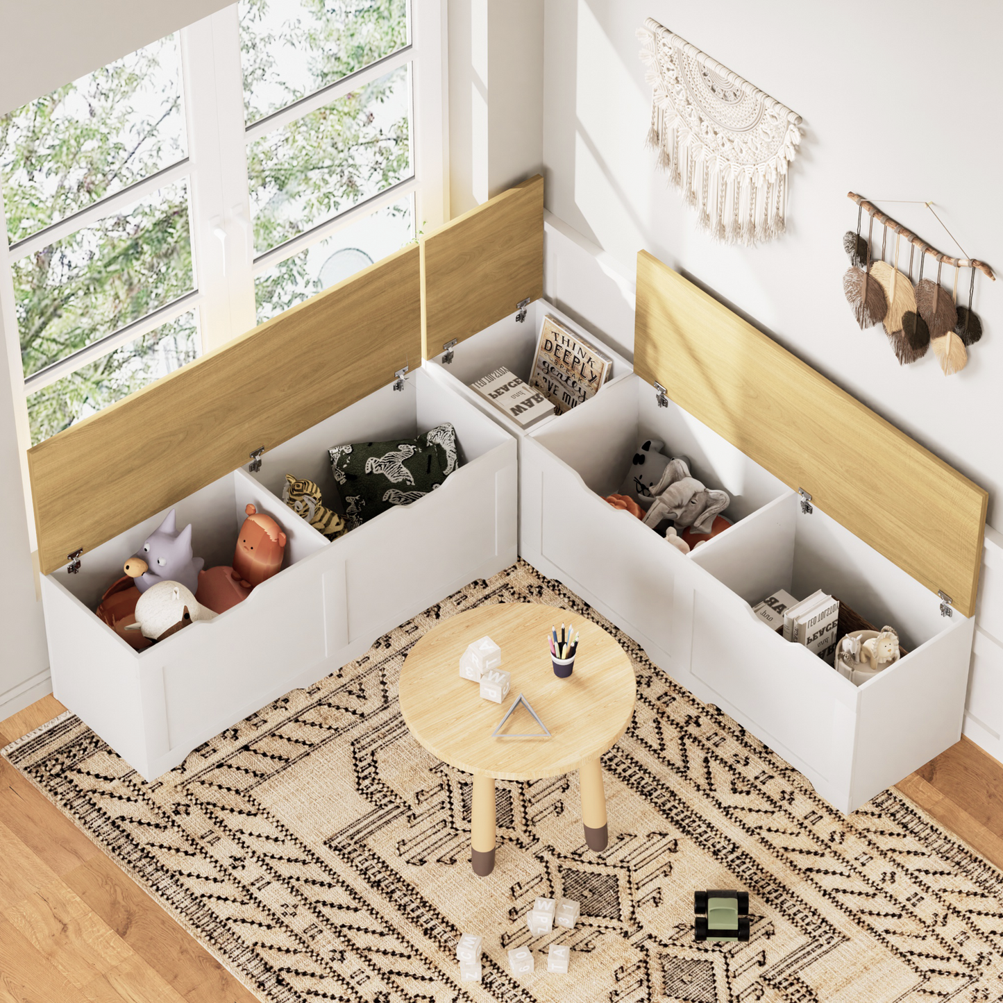 3-Piece L-Shaped Multi-Functional Storage Bench with Cushion, serving as a kitchen corner bench, toy storage box, or reading nook seat., White and Natural, 63"D x 63"W x 19.1"H image 5