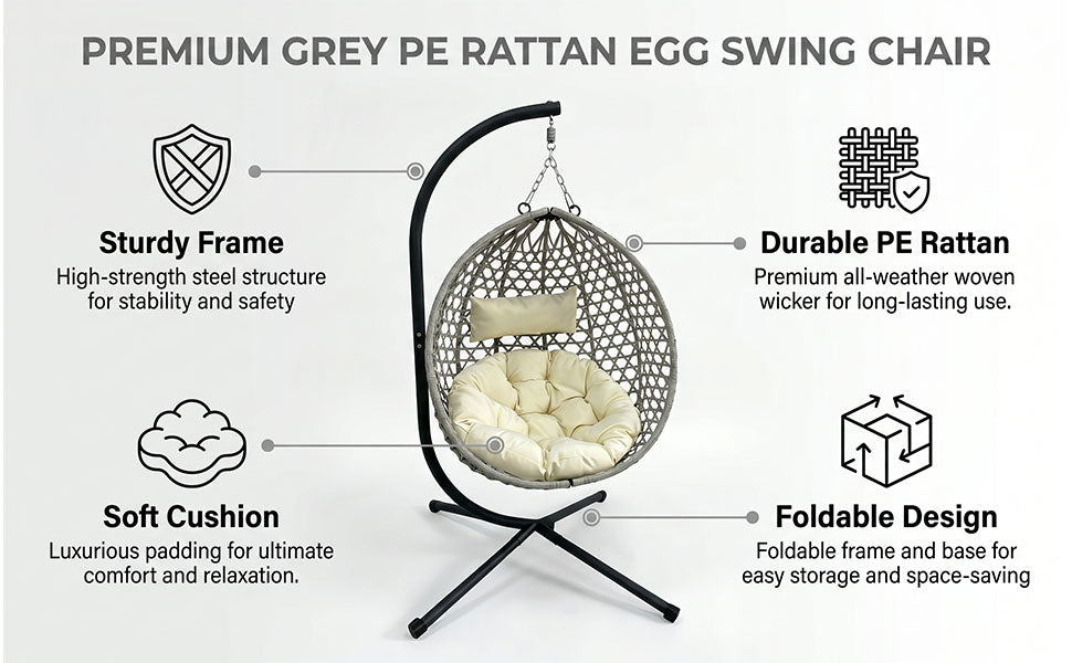 Folding PE Rattan Hanging Egg Chair with Stand, Gray Indoor Outdoor Hammock Swing Basket Chair, Aluminum Steel Frame for Patio Balcony Backyard Bedroom image 11