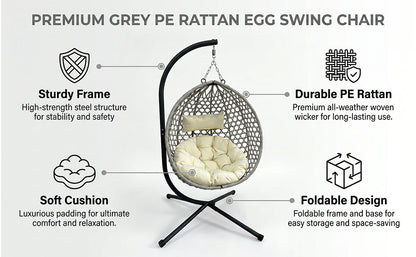 Folding PE Rattan Hanging Egg Chair with Stand, Gray Indoor Outdoor Hammock Swing Basket Chair, Aluminum Steel Frame for Patio Balcony Backyard Bedroom image 11