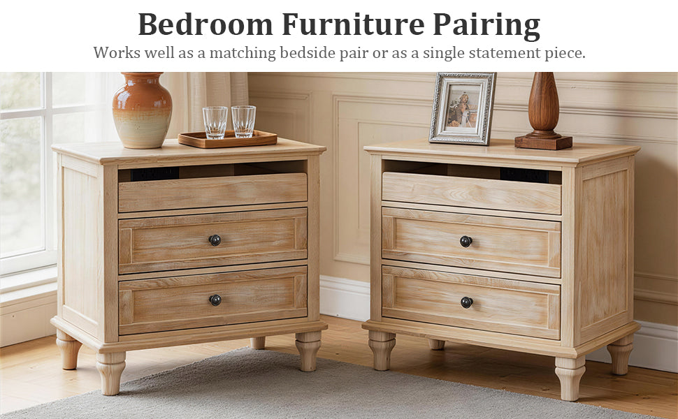 Wood Nightstand with Charging Station - Side Angle