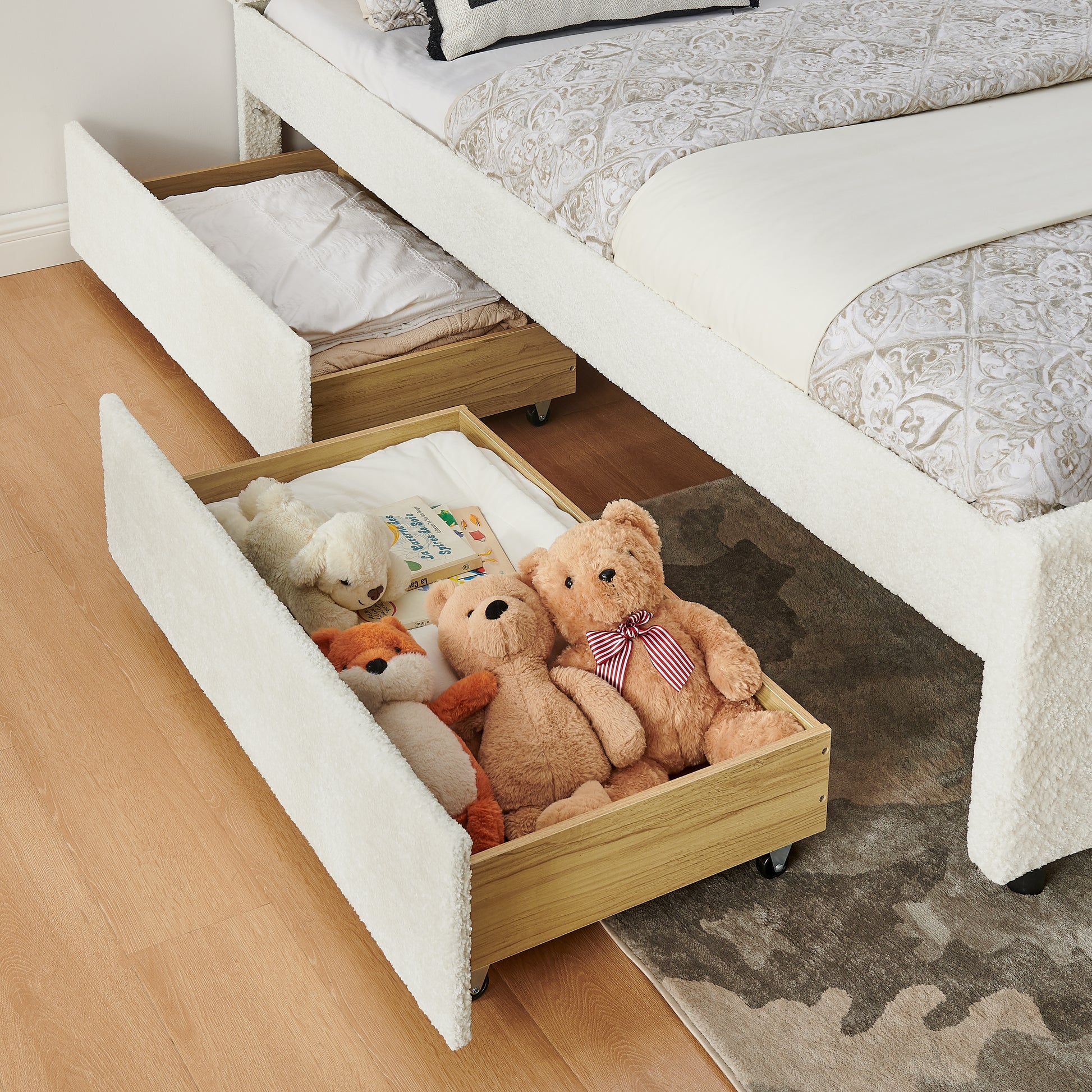 Queen Size Vertical Channel Tufted Headboard & Nailhead Trim Space Saving Upholstered Bed, Multi-functional Design with 2 Storage Drawers and Pull-out Trundle Bed, Chenille image 7