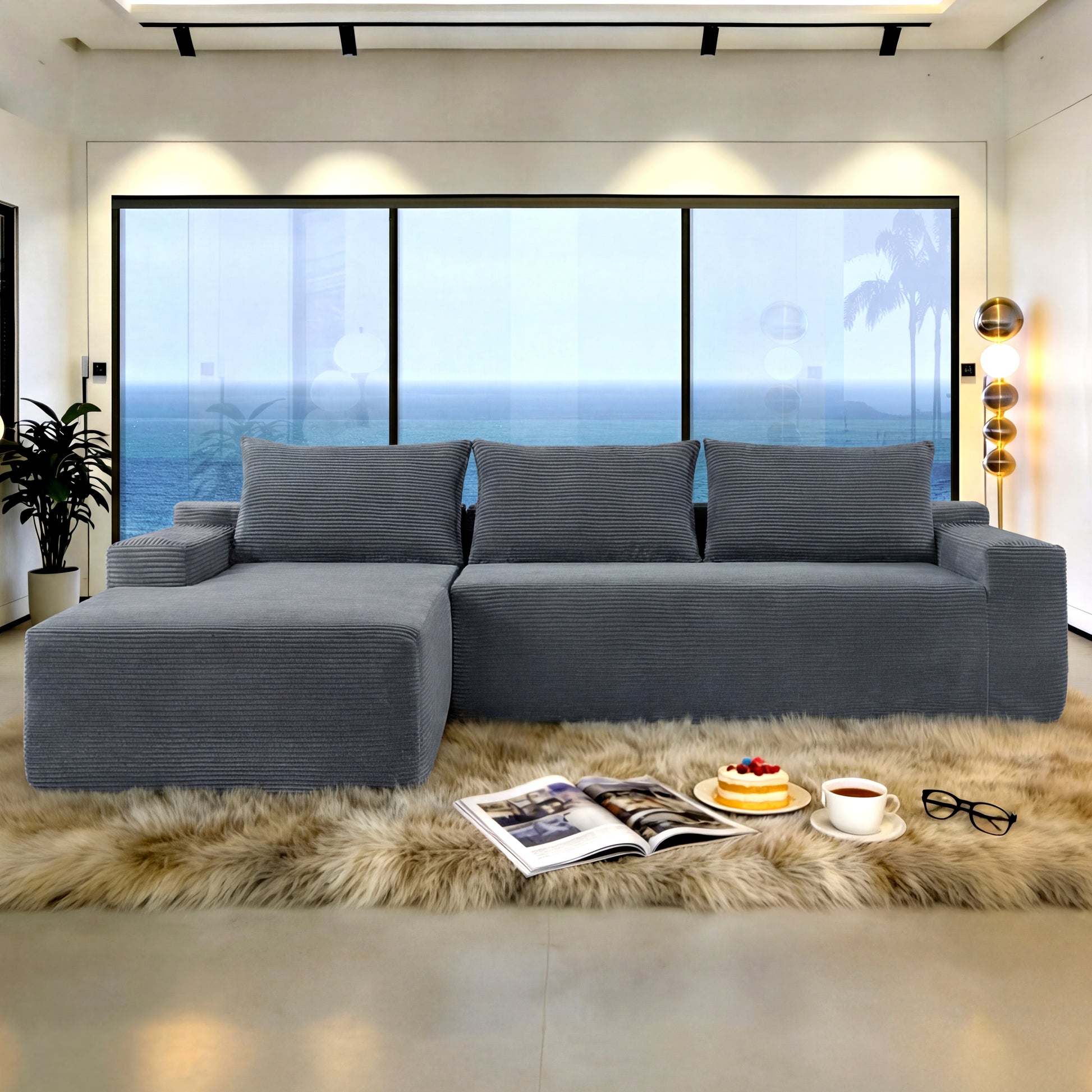 NEW2 96.9" Cloud Sectional Couch with U-Shaped Chaise,Modern Modular Sofa with Deep Seat, Upholstered Couches for Living Room Bedroom,No Assembly Required,(Plush Corduroy Fabric),Grey-Left image 1
