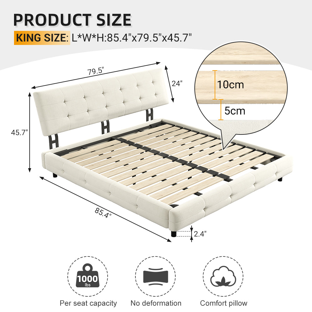 King Size Bed Frame,Tufted Headboard with Extra-Large Ultra-Soft Cloud Pillow Design,Chenille Platform Bed with Metal and Wooden Slats Double Support,Solid and Stable,Noise-Free,Beige/White image 8
