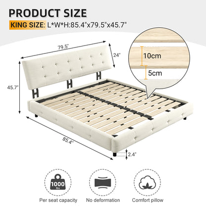 King Size Bed Frame,Tufted Headboard with Extra-Large Ultra-Soft Cloud Pillow Design,Chenille Platform Bed with Metal and Wooden Slats Double Support,Solid and Stable,Noise-Free,Beige/White image 8