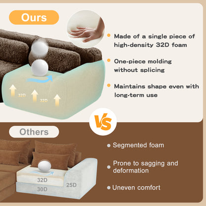 L-shaped Boneless Sofa,Soft Fluffy Plush Fabric,With Chaise 32D High Density Sponge,No Assembly Required,Ergonomic Design Bottom Anti-Slip Design,With Throw Pillows,Fits Bedrooms,Chocolate image 5