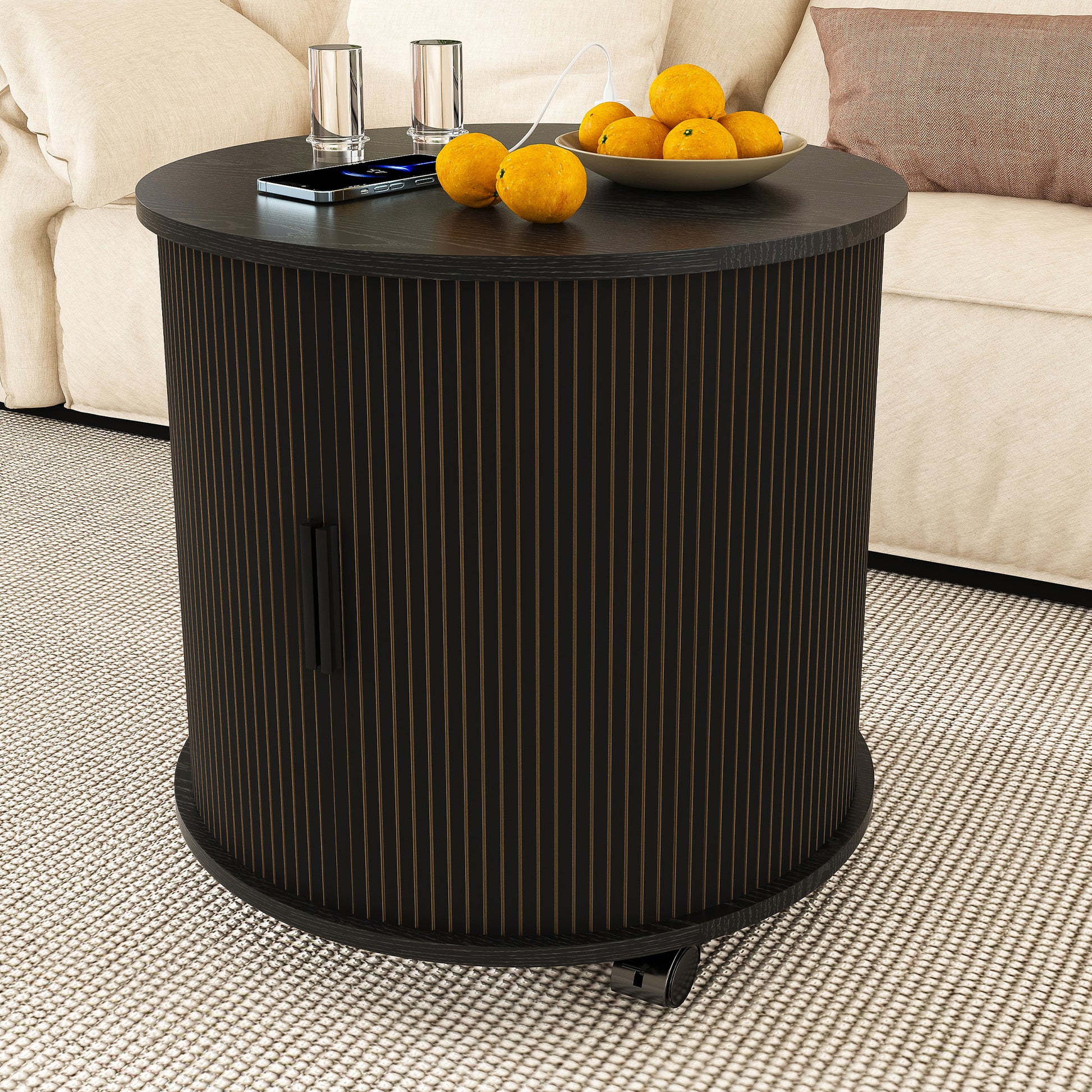 Set of 2 Mid Century Modern Cylinder End Table with Built-in Charging Station & Sliding Door, 2-Tier Storage Round Nightstand with USB Ports, Bedside Table for Living Room, Bedroom, Entryway-Black image 1