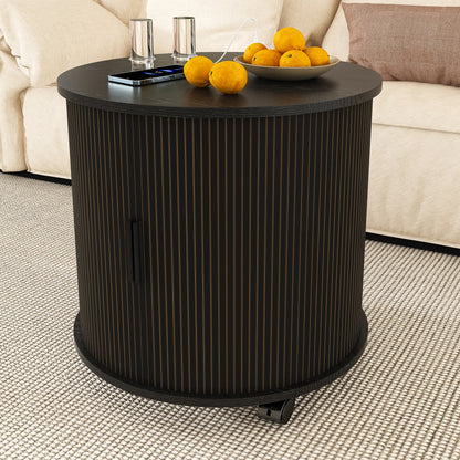 Mid Century Modern Cylinder End Table with Built-in Charging Station & Sliding Door, 2-Tier Storage Round Nightstand with USB Ports, Bedside Table for Living Room, Bedroom, Entryway-Black image 8