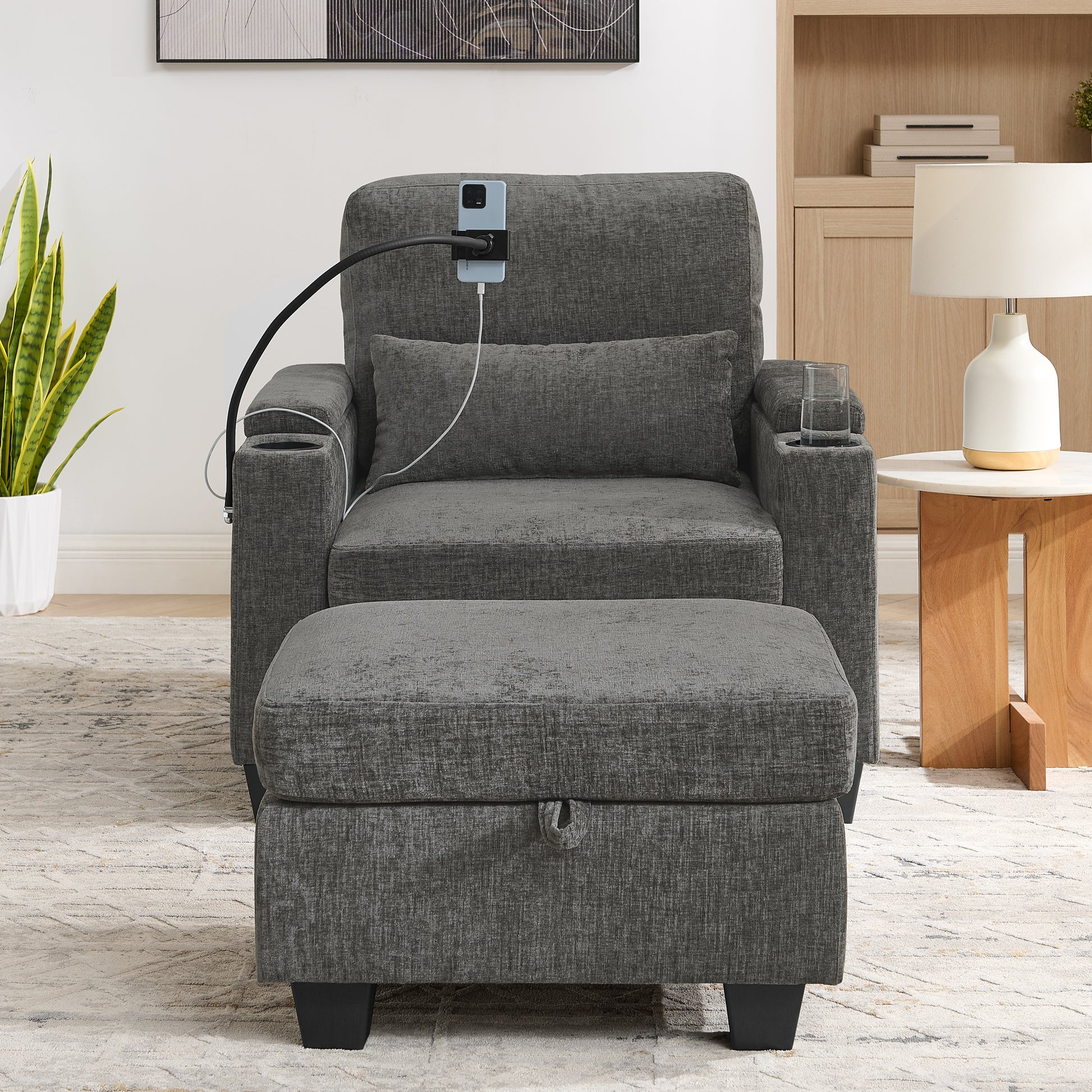 Single sofa recliner with manually adjustable backrest, USB charging port on the armrest side, phone stand included, hidden armrest storage, and a matching storage ottoman-Gray image 5