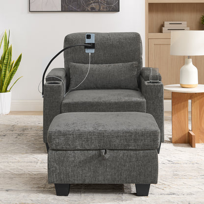 Single sofa recliner with manually adjustable backrest, USB charging port on the armrest side, phone stand included, hidden armrest storage, and a matching storage ottoman-Gray image 5