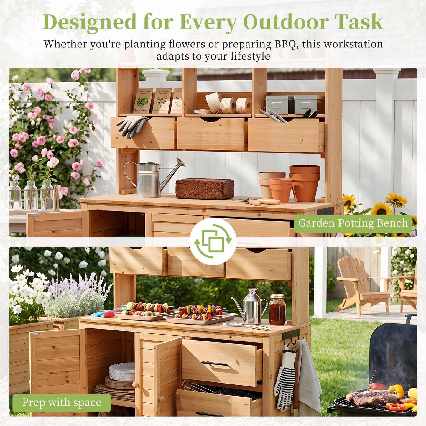 (With Assembly Video) TOPMAX Farmhouse Patio Potting Bench, 44.6''x19.5'' Large Freestanding Garden Workstation with 6 Drawers, Bottom Cabinet and Side Hook, Outdoor Kitchen Island, Natural Wood image 5