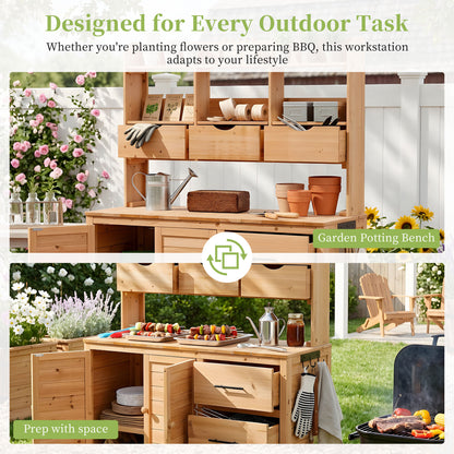 (With Assembly Video) TOPMAX Farmhouse Patio Potting Bench, 44.6''x19.5'' Large Freestanding Garden Workstation with 6 Drawers, Bottom Cabinet and Side Hook, Outdoor Kitchen Island, Natural Wood image 5