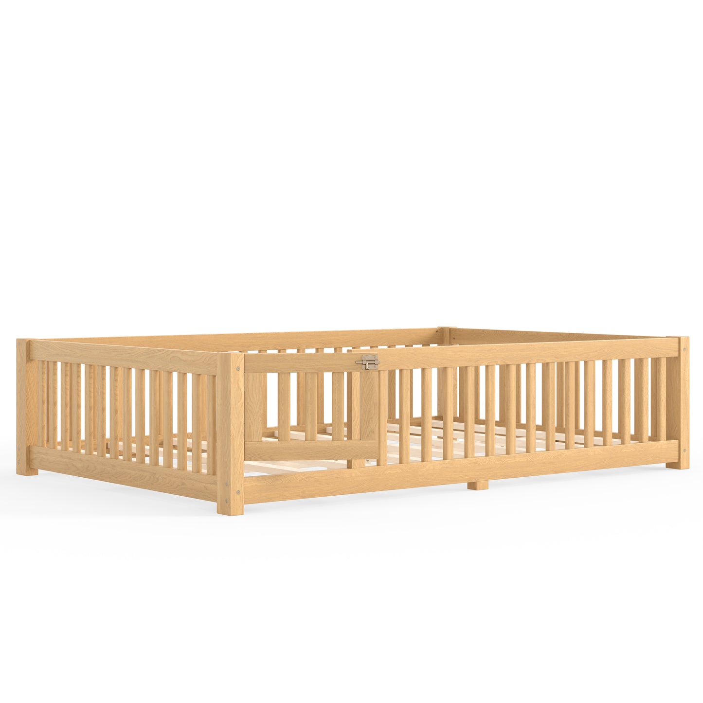 Queen Size Bed Floor Bed with Safety Guardrails and Door for Kids, Natural image 10