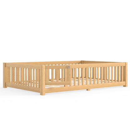 Queen Size Bed Floor Bed with Safety Guardrails and Door for Kids, Natural image 10