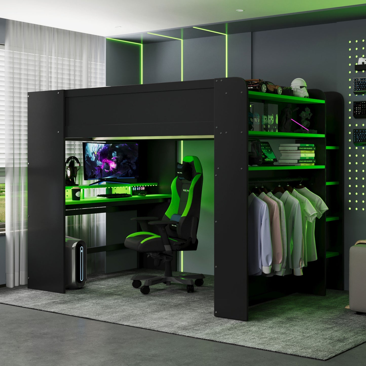 Full Size Wood Bunk Bed with height-adjustable Desk,Wardrobe,Ample Storage Space,and RGB Light, Green(OLD SKU:LT000266AAG) image 1