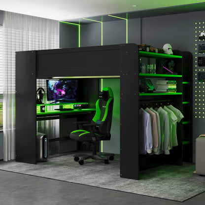 Full Size Wood Bunk Bed with height-adjustable Desk,Wardrobe,Ample Storage Space,and RGB Light, Green(OLD SKU:LT000266AAG) image 1