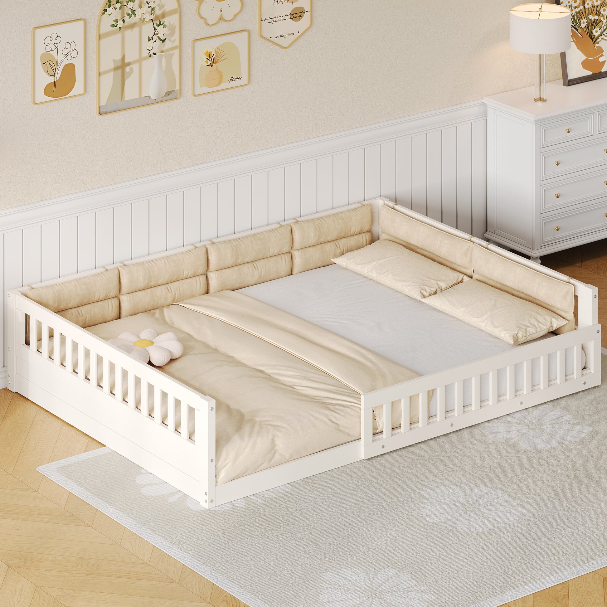 Wood Full Size Upholstered Platform Bed with Guardrail and Pillow, Beige image 2