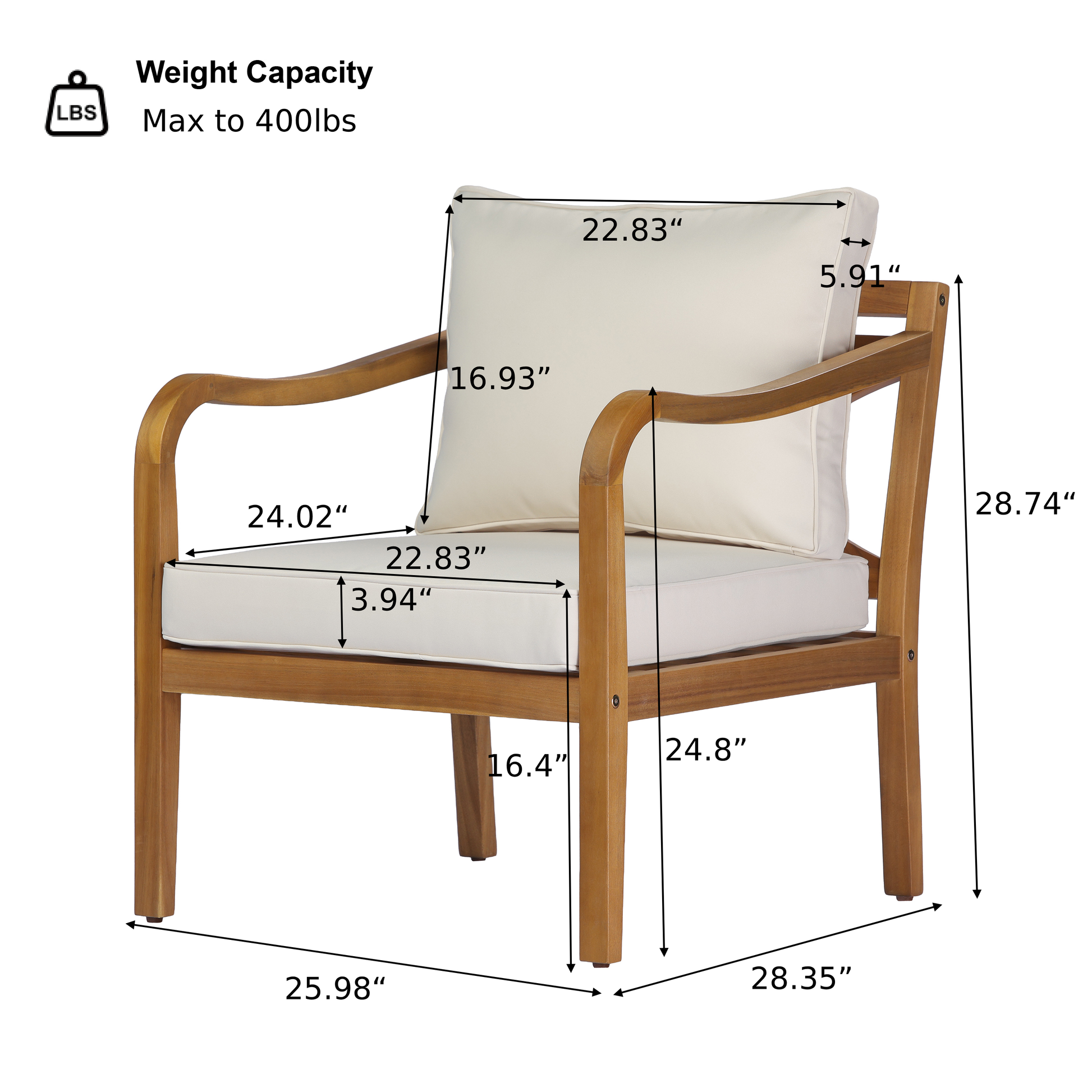 Acacia wood patio furniture club chair,24" deep seat design with soft cushion, suitable for porches,gardens,backyards,and balconies (Teak Finish+Beige Cushion). image 3