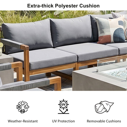 3 Pieces Outdoor Sectional Sofa Set, Rope Woven Patio Conversation Set with Solid Acacia Wood Frame, Water-Resistant Removable Cushions for Backyard, Deck and Poolside, Grey image 10