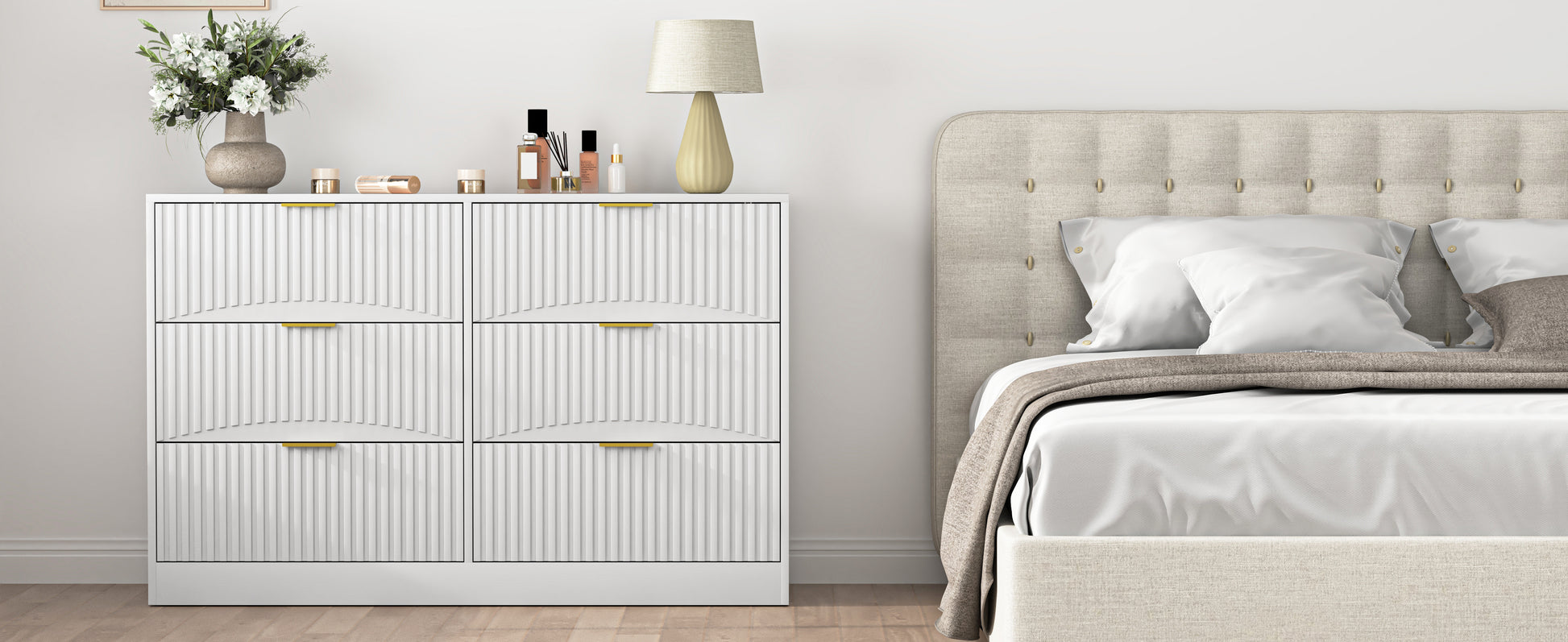 Modern 6-Drawer Dresser, Chest of Drawers for Bedroom, Living Room, Hallway, and Entryway - Large Storage Cabinet, White,Drawer panel with wavy patterns image 10