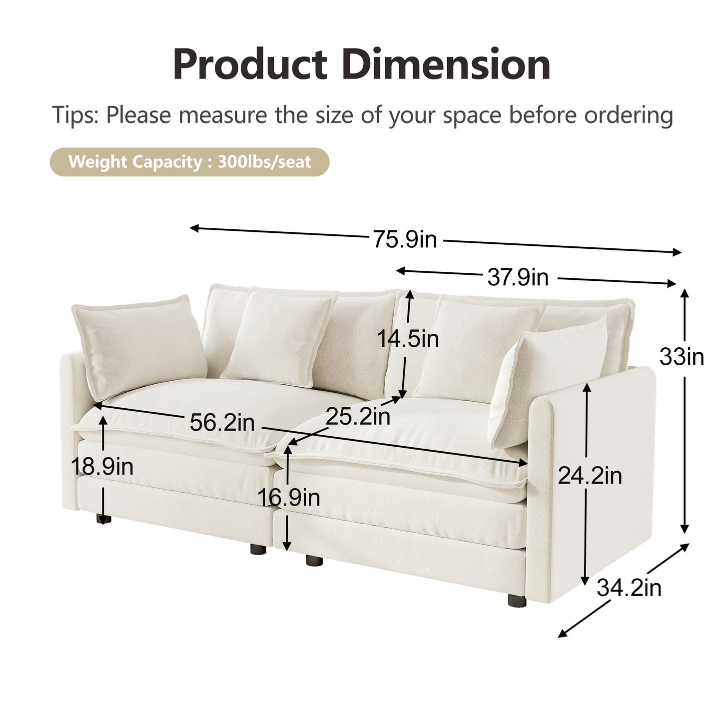 Sofa Set of 2 Chenille Couch, 2+3 Seater Sofa Set Deep Seat Sofa, Modern Sofa Set for Living Room, White Chenille image 5