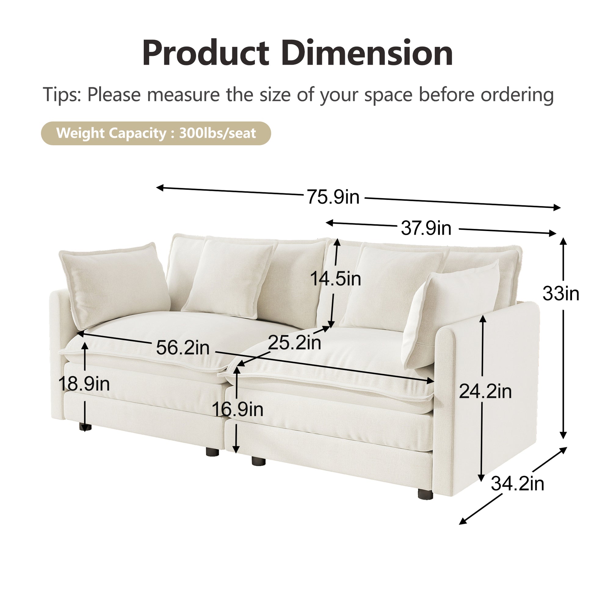 Sofa Set of 2 Chenille Couch, 2+3 Seater Sofa Set Deep Seat Sofa, Modern Sofa Set for Living Room, White Chenille image 5