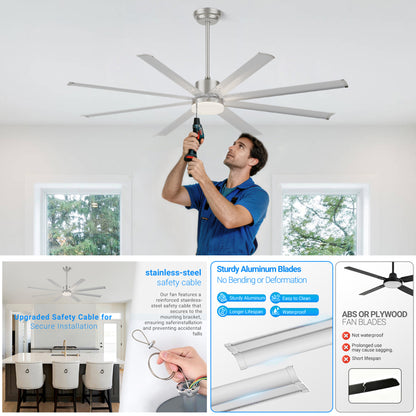 72 INCH Industrial PM DC Motor Ceiling Fan with Light, 8 PCS Aluminum Blades,6-Speed Remote Control, Adjust Height (3 Down rods) Commercial Ceiling Fan For Porch/Garage/Shop-Sliver image 12