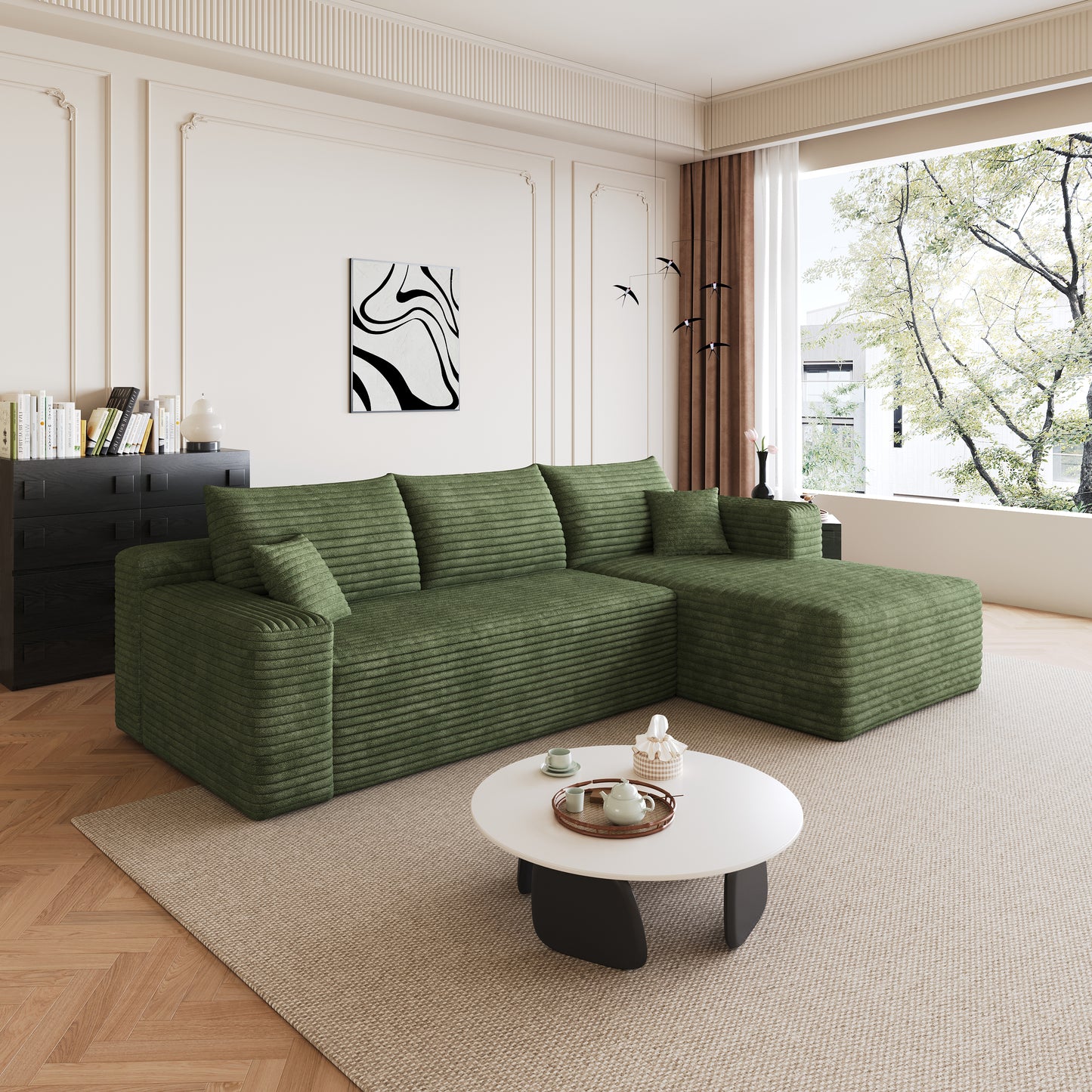 95" Cloud Sectional Sofa,Modern Minimalist Upholstered Couches, Comfort U Shaped Sofa for Living Room,Deep Seat Corner Couch,No Assembly Required,Green((Plush Corduroy Fabric) image 1