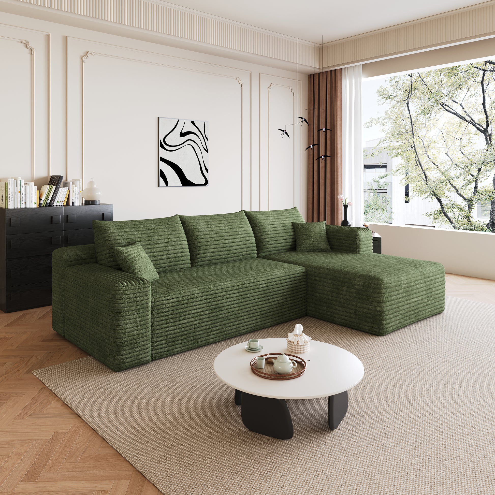 95" Cloud Sectional Sofa,Modern Minimalist Upholstered Couches, Comfort U Shaped Sofa for Living Room,Deep Seat Corner Couch,No Assembly Required,Green((Plush Corduroy Fabric) image 1