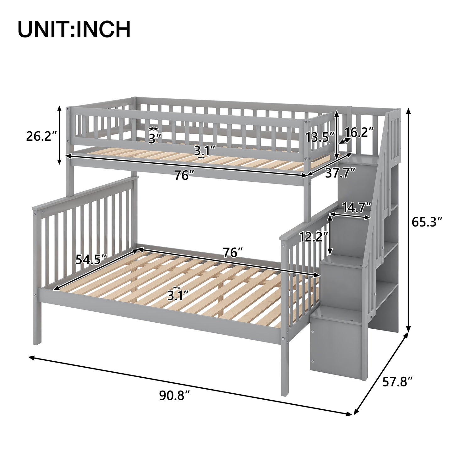 Twin over Full Stairway Bunk Bed with Storage, Gray image 5