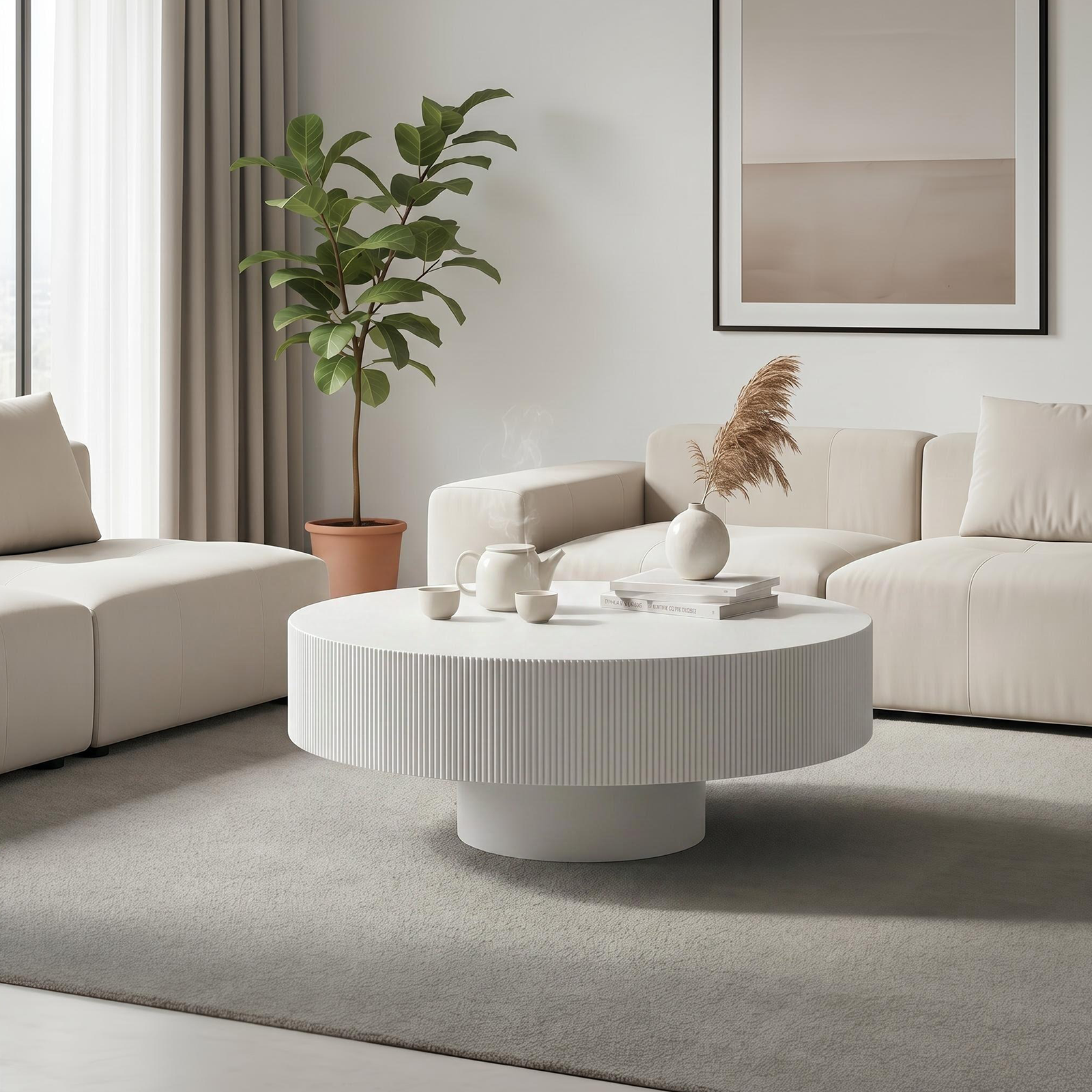 Round Coffee Table, Fluted Coffee Table with Sturdy Pedestal, Mid Century Modern Coffee Table for Living Room, Bedroom, Terrace, Office, Small Space (White Round Thick) image 2