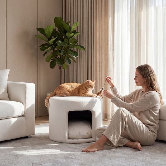 Beige Pet Friendly Ottoman with Removable Pet Cushion, Hidden Pet Nook, Acacia Wood Legs, 220lbs Capacity, Upholstered Footrest Stool for Living Room image 1