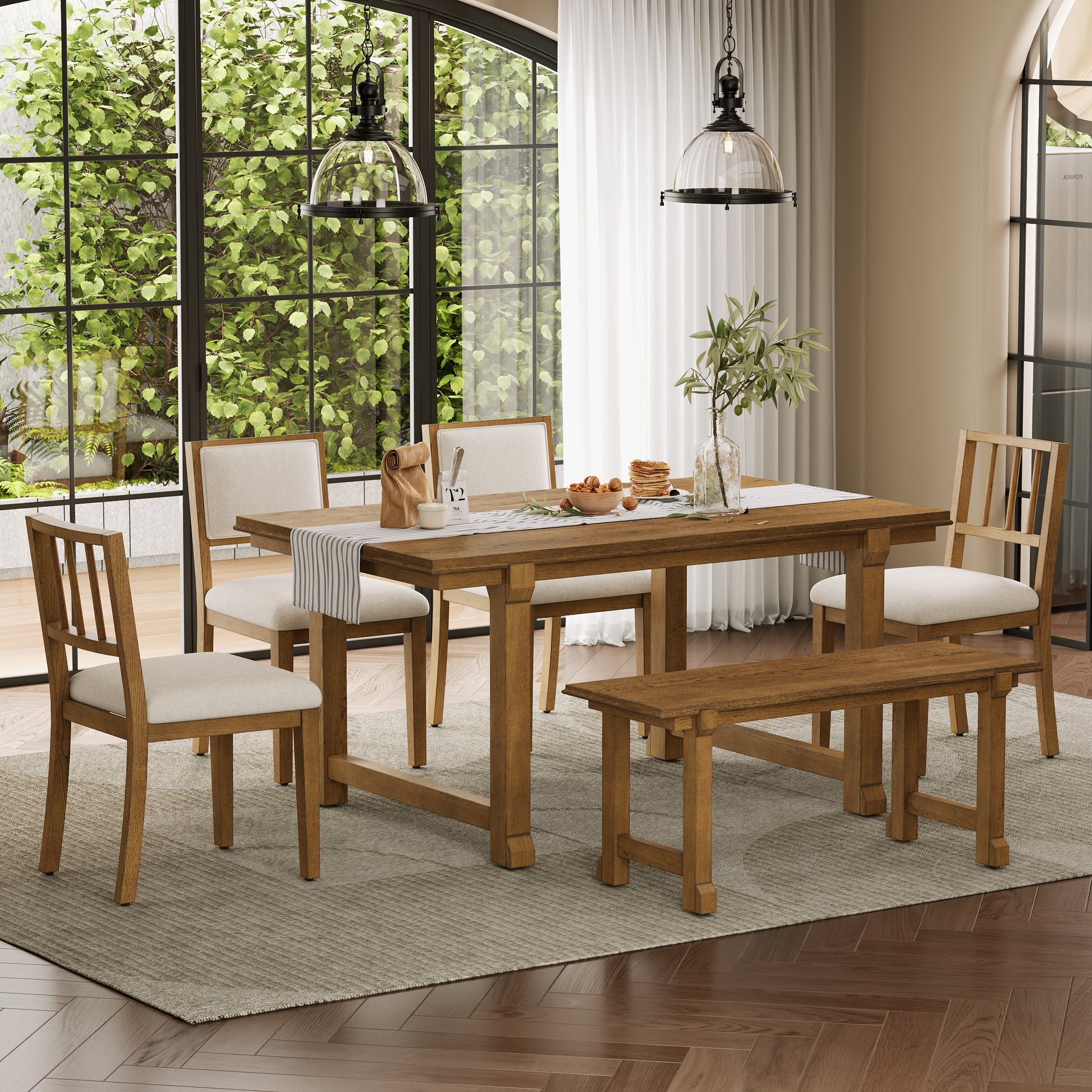 TREXM 6-Piece Farmhouse Dining Set for 6, Kitchen & Dining Room Sets with Solid Wood Legs and Frame, Ergonomic Dual-Style Chairs, Ideal for Kitchen & Dining Room (Walnut+ Beige) image 1