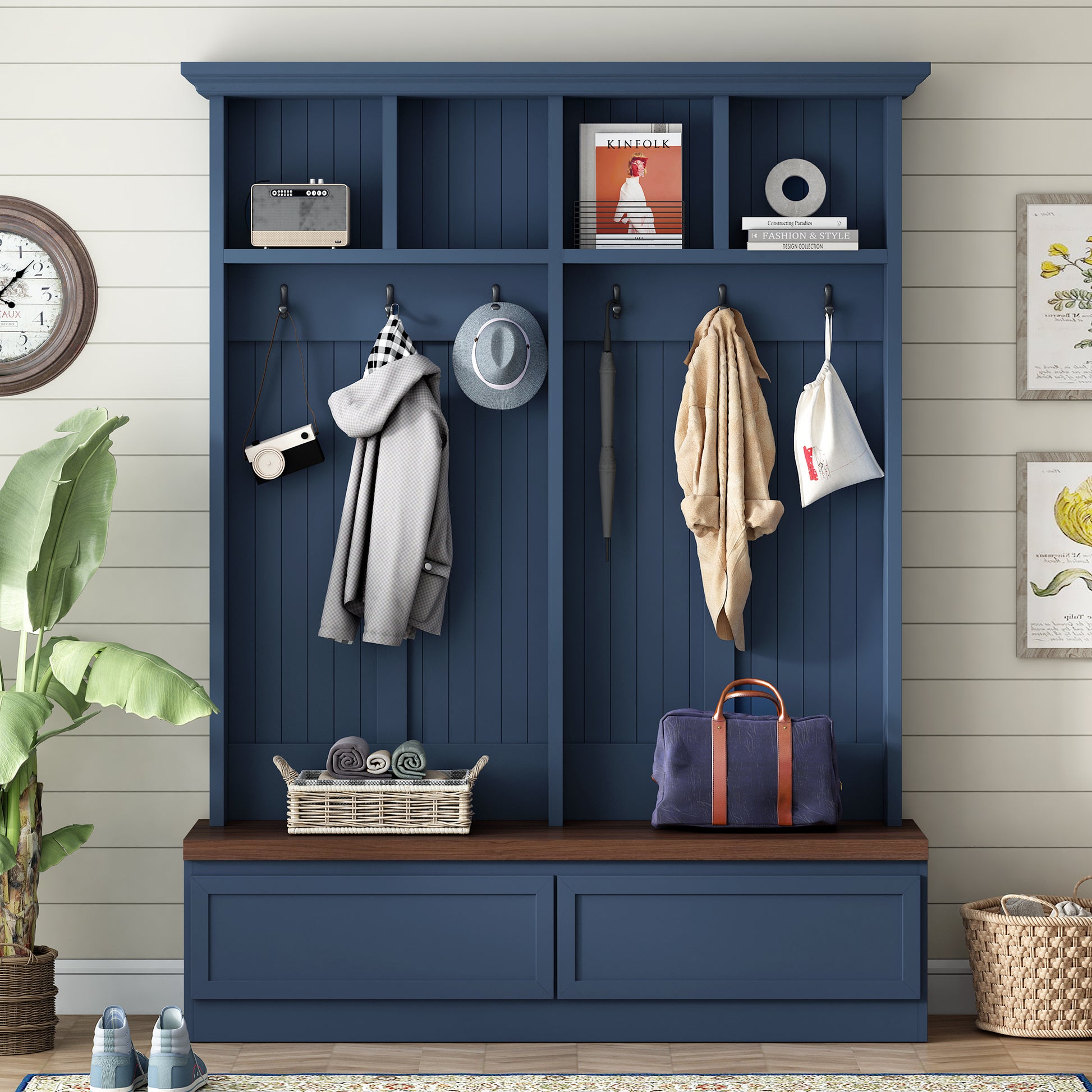 Farmhouse 4-in-1 Hall Tree with Wood Grain Bench, Mudroom Versatile Coat Rack with 2 Large Drawer, Entrance Organizer for Hallway, Living Room, Blue, 55.9"W (OLD SKU: N721P313099C) image 2