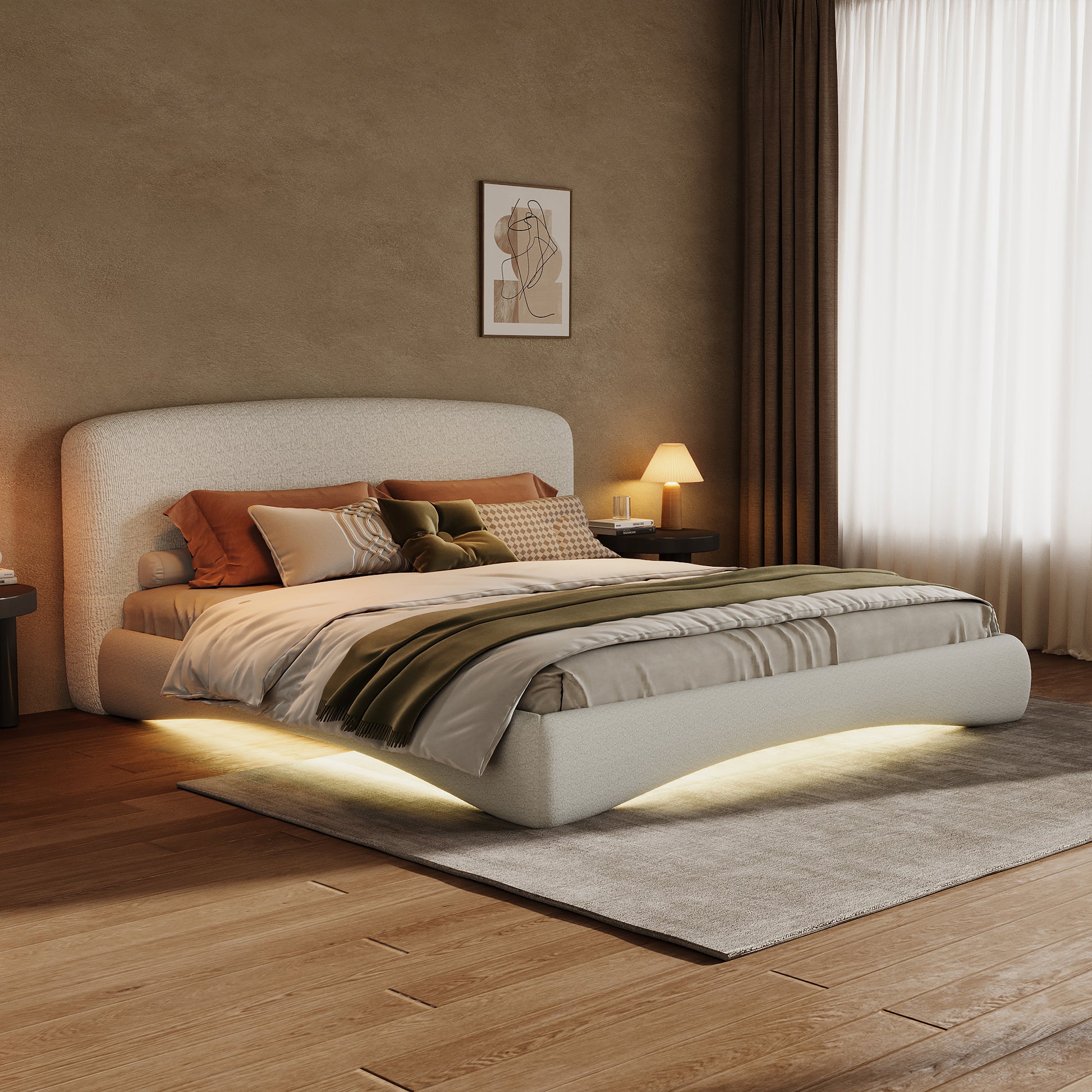 Curved Upholstered Bed with Smart Ambient Lighting,Cream,King image 2