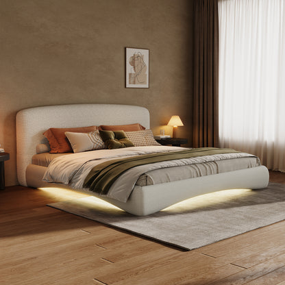 Curved Upholstered Bed with Smart Ambient Lighting,Cream,King image 2