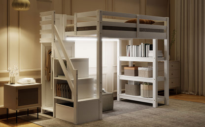Twin Size Loft Bed with Shelves, Storage Staircase, Small Wardrobe and White LED Light, White image 10