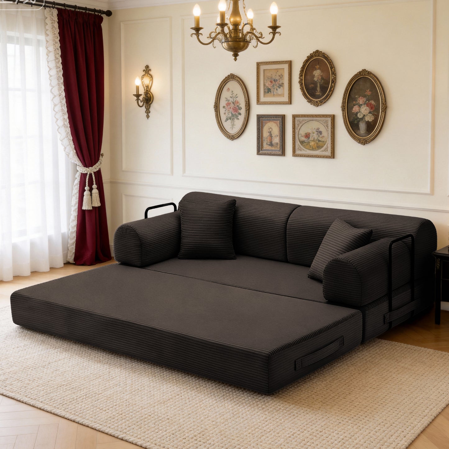 Convertible Sleeper Sofa Bed,Corduroy Folding Mattress Couch with Fixed-Shape Frame, Floor Sofa Lounge Couch for Living Room Bedroom(Brown) image 3