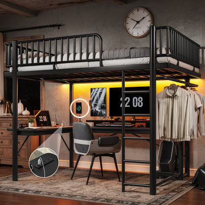 Queen Loft Bed with L-Shaped Desk,LED Light Strip and Charge Station, Metal Loft Bed with Computer Mainframe Tray and Hanging Area, Special Round Pipe Design, Black image 1