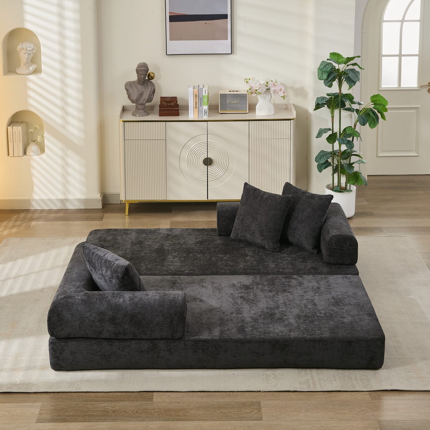 Comfy Convertible Folding Mattress Couch, Floor Sofa Bed, Chenille Floor Sofa with Armrest, Floor Sofa Lounge Couch for Living Room Bedroom Lounge Studio-Black image 8