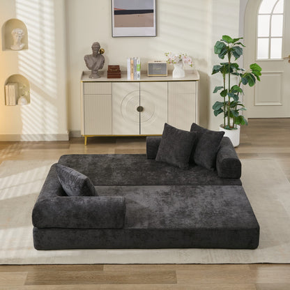 Comfy Convertible Folding Mattress Couch, Floor Sofa Bed, Chenille Floor Sofa with Armrest, Floor Sofa Lounge Couch for Living Room Bedroom Lounge Studio-Black image 8
