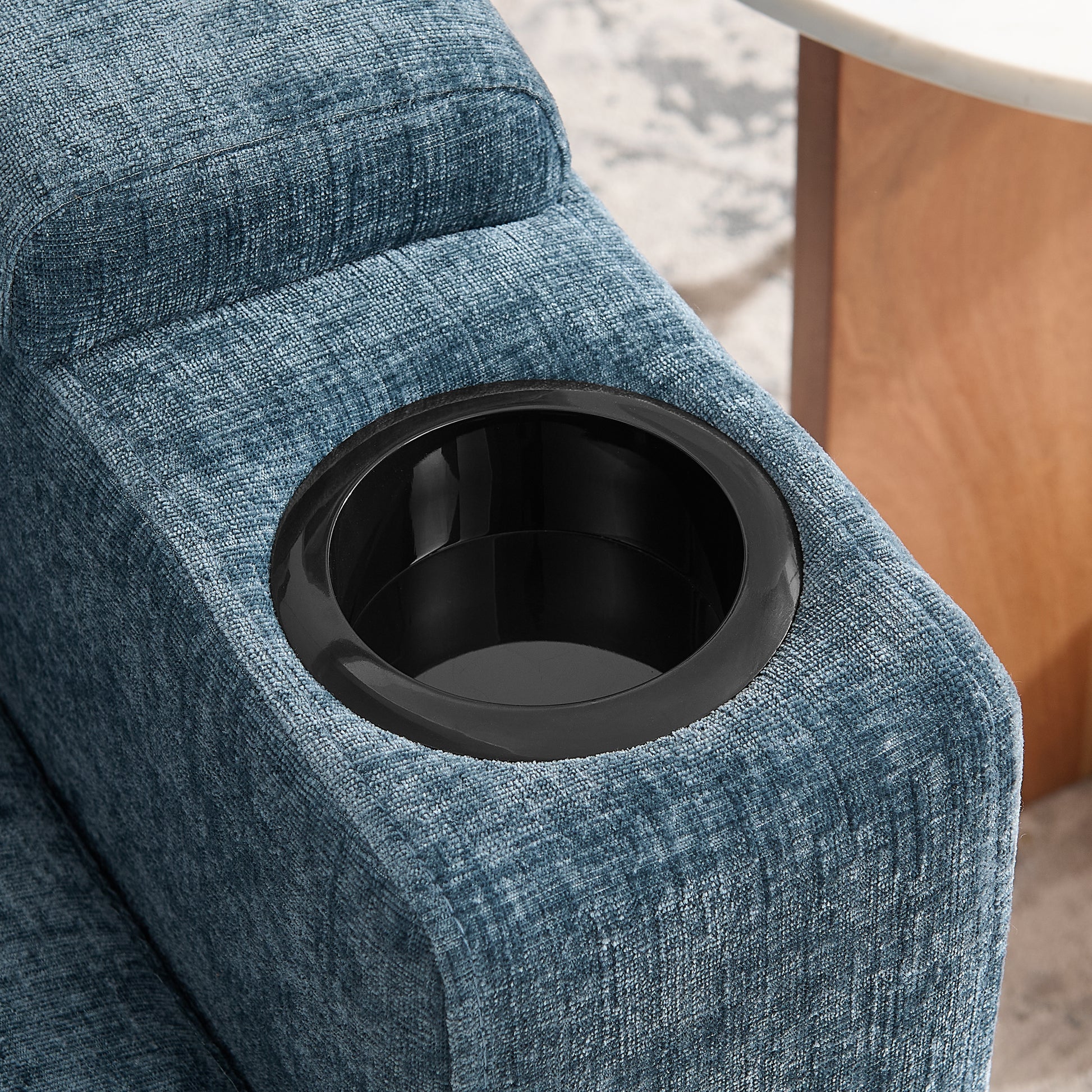 Single sofa recliner with manually adjustable backrest, USB charging port on the armrest side, phone stand included, hidden armrest storage, and a matching storage ottoman-Blue image 10