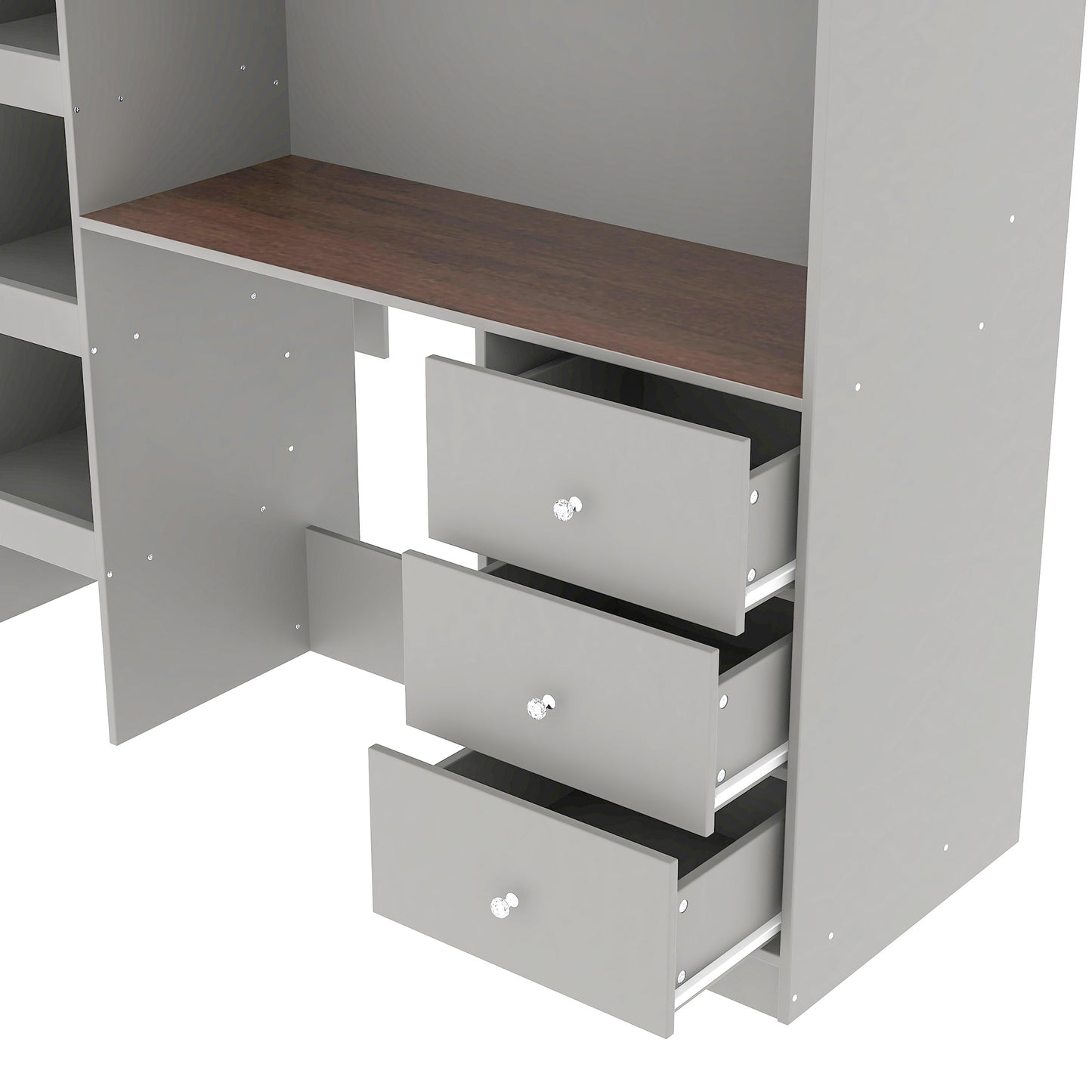 Wood Full Size Loft Bed with Built-in Wardrobe, Desk, Storage Shelves and Drawers, Grey image 12
