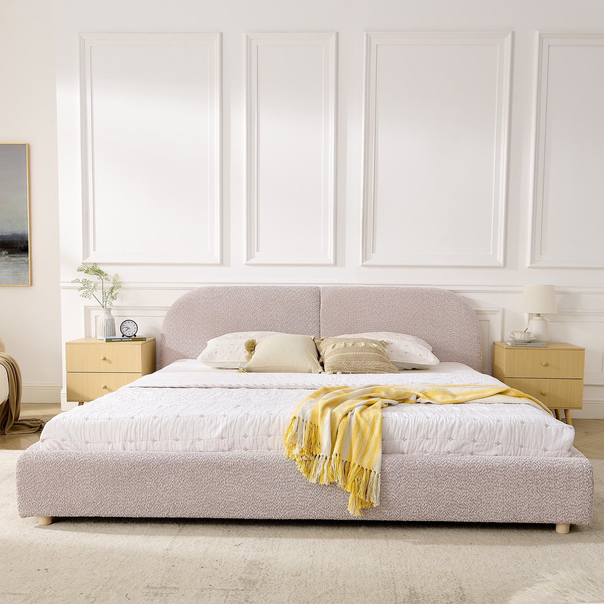 King Size Upholstered Bed Frame, Modern Minimalist Style with Tall Curved Headboard, Premium Circle Yarn Fabric & Sturdy Leg Support, Mattress Not Included-Pink image 3
