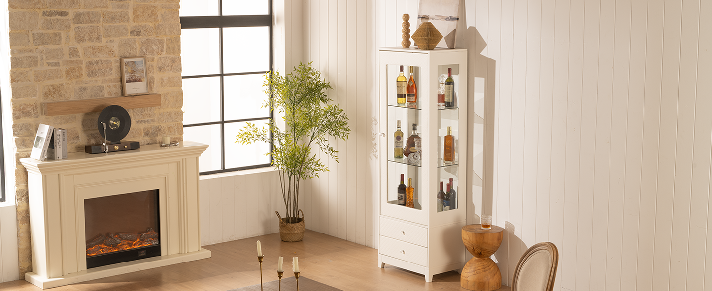 71'' Freestanding Upholstered Display Cabinet, Upholstered Glass Door Cabinet with Ceiling Light,Wine Cabinet with Adjustable Shelves, for Livingroom, Kitchen, Bar & Dining Room - White image 11