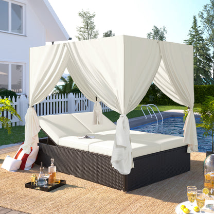 U_STYLE Outdoor Double Chaise Lounge Daybed with Curtains,Patio Outdoor Sunbed with Adjustable Backrest, Sturdy Steel Frame Loveseat Sofa for Backyard,Poolside, Terrace image 1