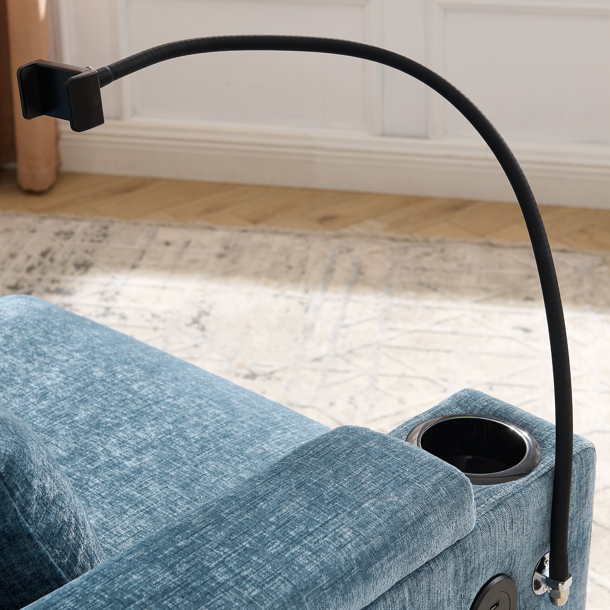 Single sofa recliner with manually adjustable backrest, USB charging port on the armrest side, phone stand included, hidden armrest storage, and a matching storage ottoman-Blue image 11