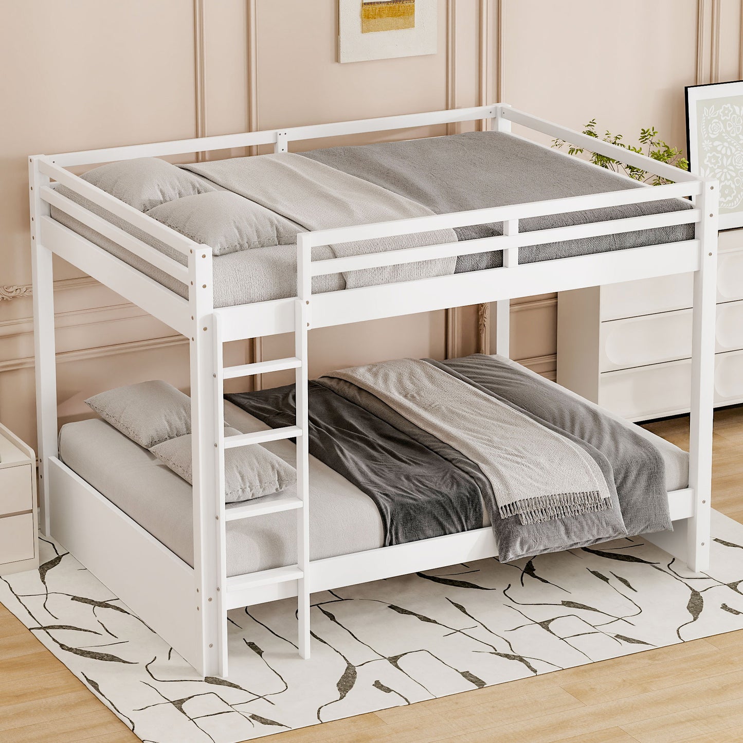 Wood Queen Size Bunk Bed with Ladder, White image 1